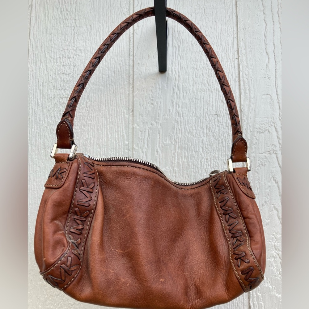 Vintage Michael Kors Brown Braided Leather Logo Unique Handbag Purse - Picture 2 of 7